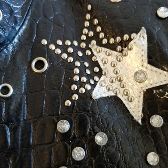 Pamela McCoy Croc Embossed Rhinestone Studded Black Leather Moto Jacket Size XS - Picture 4 of 11